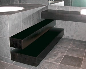 Floating steps & vanity with no visible means of support. Expensive but worth it! (Skyloft during construction)